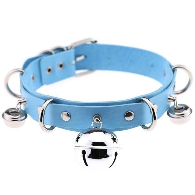 Blue Cat Collar Bell Choker Necklace Pet Play Kitten Play Kitty Neko Cosplay Costume Jewelry Vegan Leather