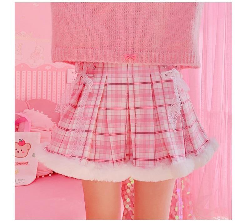 Princess Pink Plaid Fur Lined Skirt - bottoms, cosplay, fairy kei, kawaii, lolita
