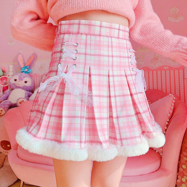 Princess Pink Plaid Fur Lined Skirt - XS - bottoms, cosplay, fairy kei, kawaii, lolita