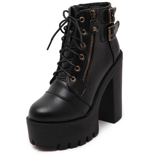 Chunky Lace Up Ankle Combat Boots with Buckles Goth | Kawaii Babe 8.5