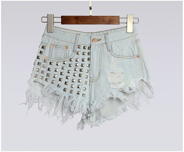 Studded Jean Shorts High Waisted Rivets Studs Edgy Punk | Kawaii Babe