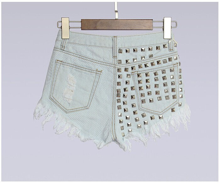 Studded Jean Shorts High Waisted Rivets Studs Edgy Punk | Kawaii Babe