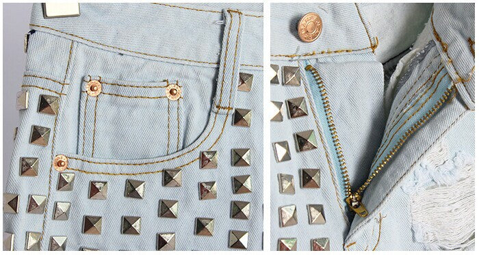 studded high waisted jean shorts denim distressed rivets edgy punk rock light blue by kawaii babe
