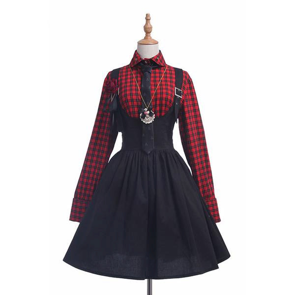 tartan plaid suspender dress complete outfit tie collared button up long sleeve shirt romper overalls edgy punk rock goth fashion by kawaii babe