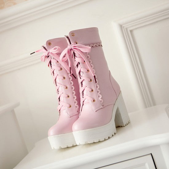 Pink Lace Up Chunky Lolita Boots Ankle Booties BDSM Girly by Kawaii Babe