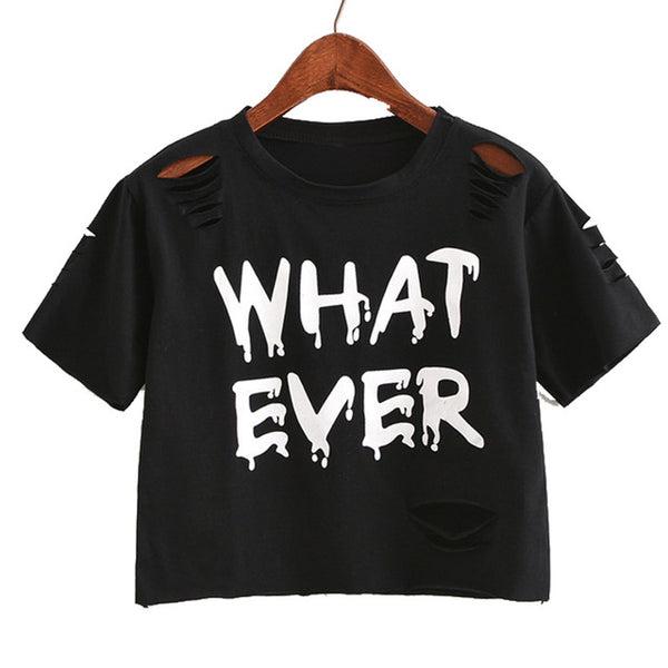 black whatever crop top t-shirt belly tank edgy punk rock goth street fashion ripped distressed by kawaii babe