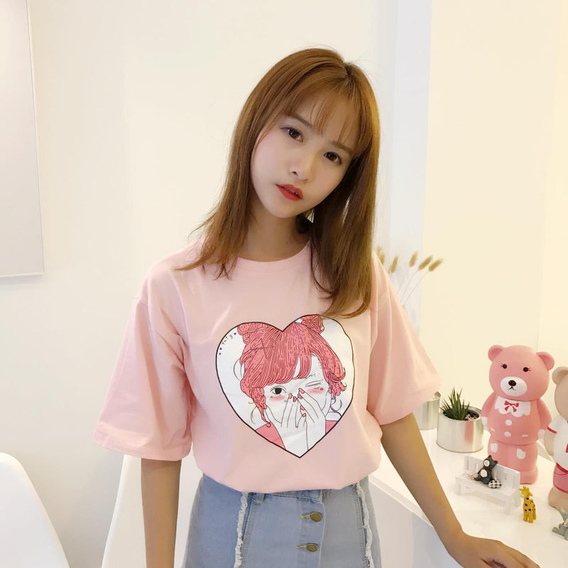 Blushy Anime Girl T-Shirt Kawaii Harajuku Japan Mori Girl Fashion Pink Aesthetic Tumblr Tee by Kawaii Babe