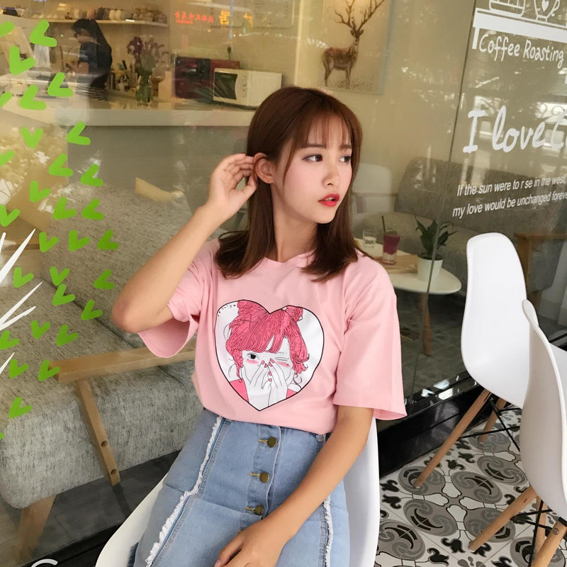 Blushy Anime Girl T-Shirt Kawaii Harajuku Japan Mori Girl Fashion Pink Aesthetic Tumblr Tee by Kawaii Babe