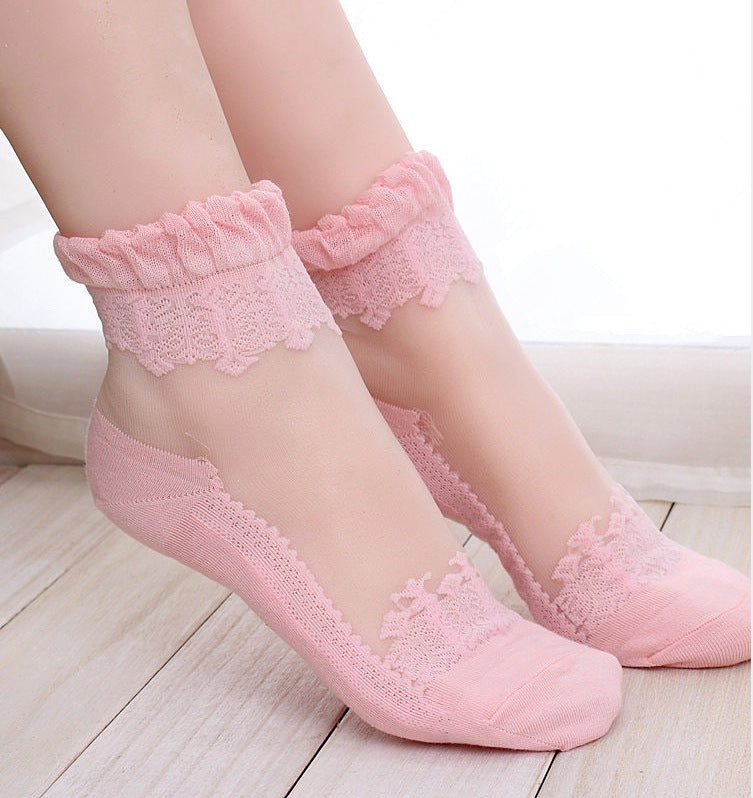 see-through invisible ankle socks clear fabric pink lace dainty elegant lolita mori girl larme harajuku japan fashion by kawaii babe