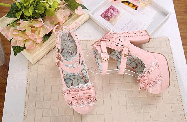 Sweet Lacy Corset Lolita Shoes Chunky Block Heels by Kawaii Babe