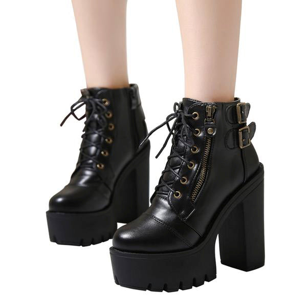 Chunky Lace Up Ankle Combat Boots With Buckles Goth | Kawaii Babe