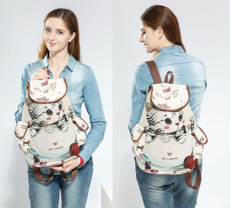 Canvas Kitten Rucksack Book Bag Backpack Traditional Japan Kawaii Babe