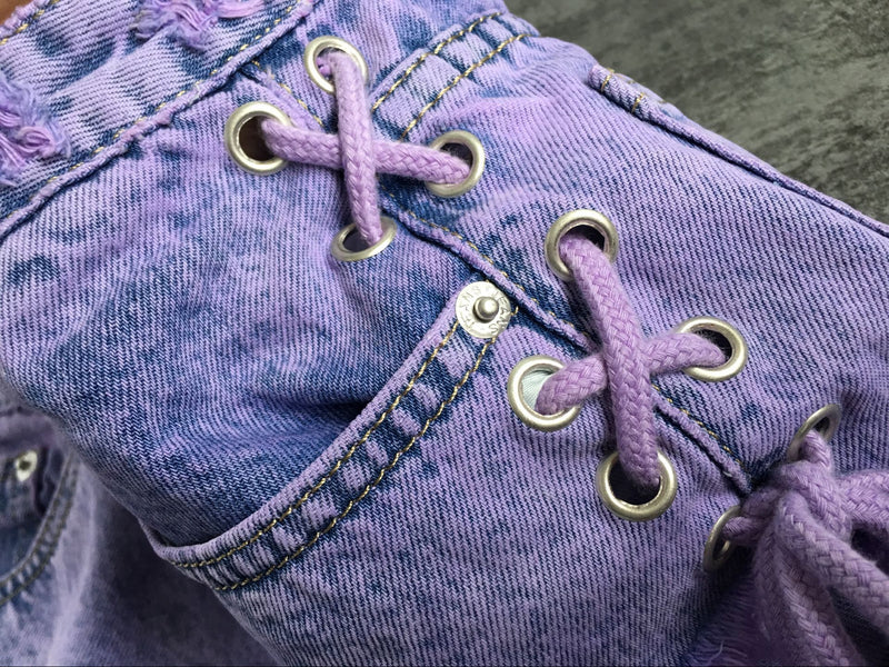 High Waisted Buttons Worn Rope Purple Denim Jeans Shorts - China