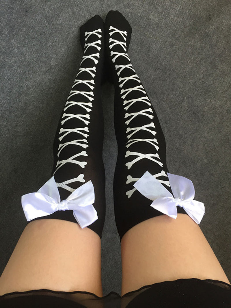 Corset Skull Stockings Thigh High Socks Black White Socks Lolita Cosplay Gothic Goth Kawaii Babe