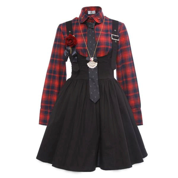 tartan plaid suspender dress complete outfit tie collared button up long sleeve shirt romper overalls edgy punk rock goth fashion by kawaii babe