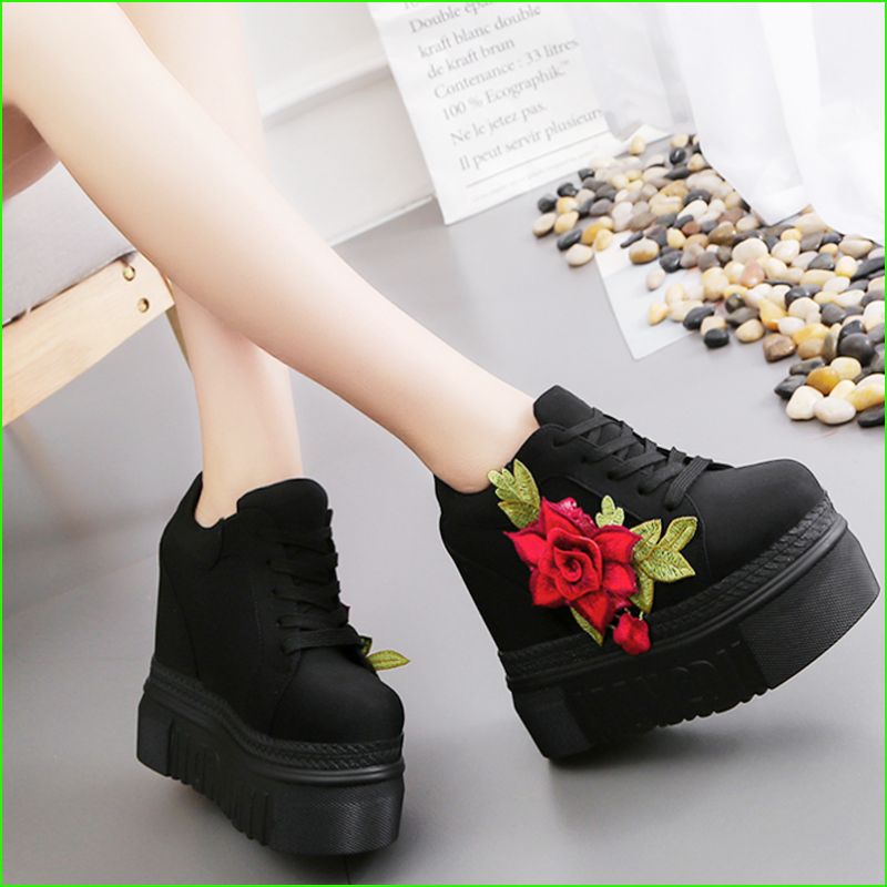 red rose wedge sneakers lace up shoes 3d embroidery laces trainers harajuku japan fashion aesthetic by kawaii babe