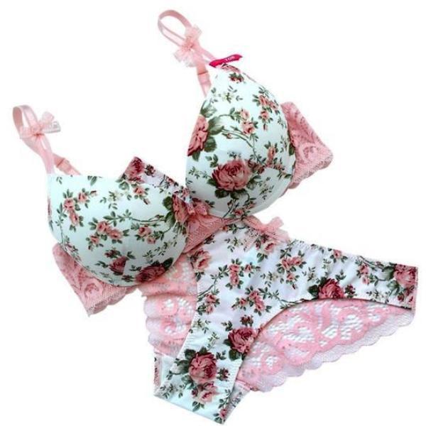 V Strap Push-up Flower Lace Bra and Thong Panty Set –
