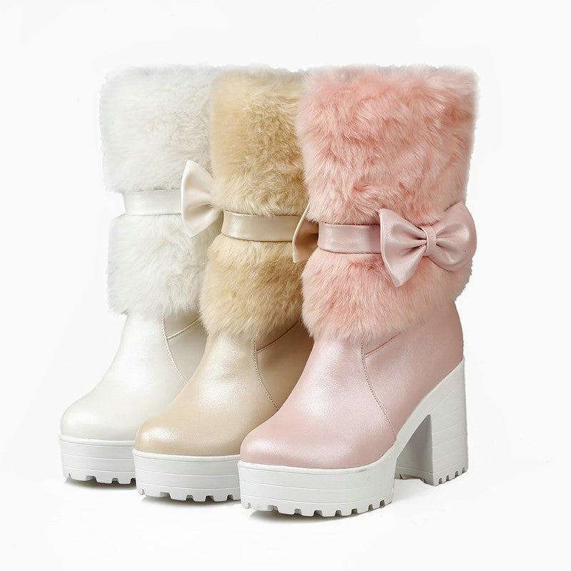 Furry Pink Bow Winter Boots Vegan Fur Lined Quality Kawaii Babe