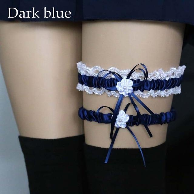 Ruffled Dark Navy Blue Wedding Elastic Garter Belt Leg Ring Harness Flowers