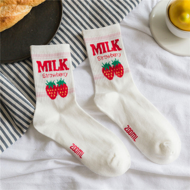 strawberry milk sweat socks ankle socks stockings pink harajuku japan kawaii fashion strawberries fruit pastel pink by kawaii babe