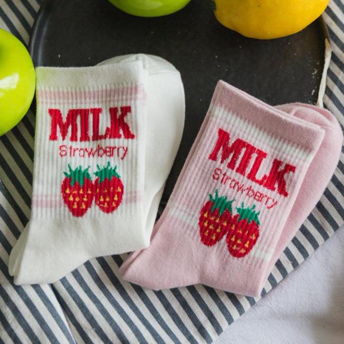 strawberry milk sweat socks ankle socks stockings pink harajuku japan kawaii fashion strawberries fruit pastel pink by kawaii babe