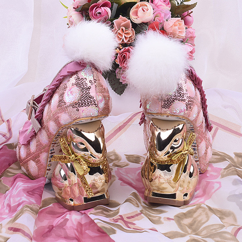 pink sequin 3D gold bunny high heels pumps luxury lolita fashion elegant regal golden rabbit designer shoe buckled pom pom bunny tail harajuku japan street fashion by kawaii babe