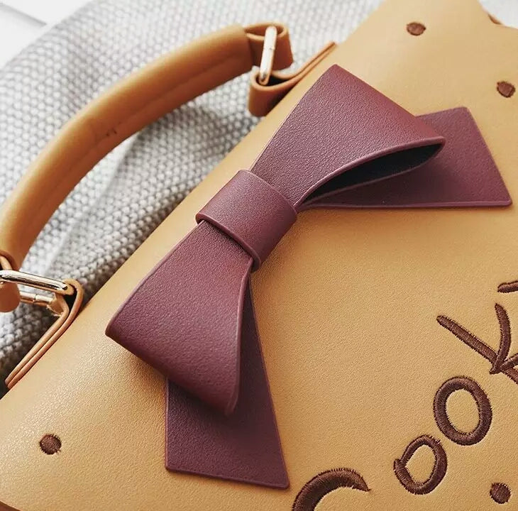 3d cookie biscuit handbag purse messenger style tote satchel vegan leather pastel pink and brown harajuku japan fashion by kawaii babe