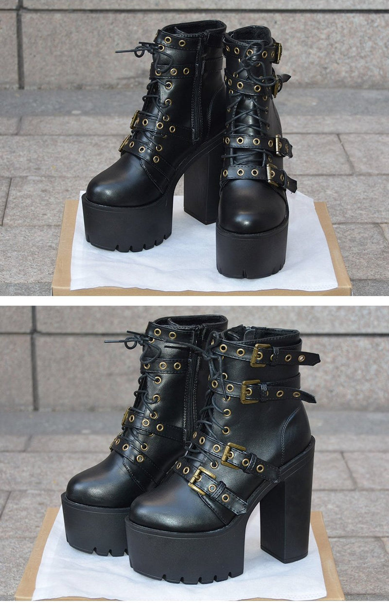 Platform Combat Boots Block Chunky Heels Buckle Punk Goth 
