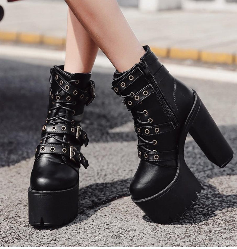 Punk Rock Buckle Boots Black Goth Chunky Block Heel | Kawaii Babe