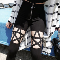 gothic pentagram witch pagan pants high waisted hollow cut out leggings goth fashion witchcraft by kawaii babe
