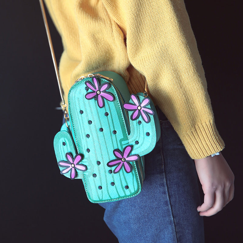 3d Cactus purse handbag shoulder bag gold chain pink flowers desert heat long adjustable strap harajuku japan fashion by kawaii babe
