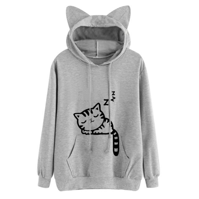 Grey Sleepy Kitten Sleeping Cat Sweater Hoodie Cat Ears Sweatshirt