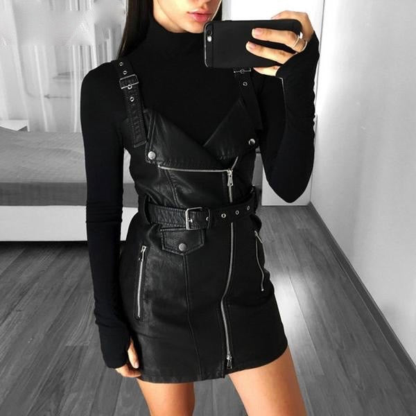 vegan leather edgy punk rock dress buckles suspender straps asymmetrical zipper belted motorcycle high fashion by kawaii babe