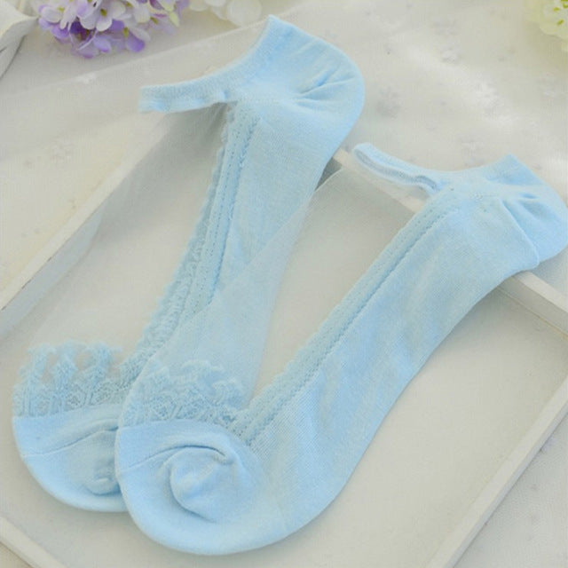 see-through invisible ankle socks clear fabric blue lace dainty elegant lolita mori girl larme harajuku japan fashion by kawaii babe
