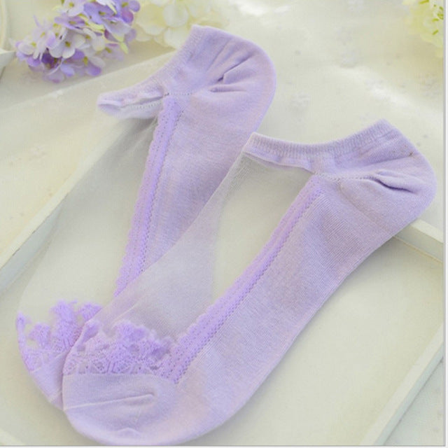 see-through invisible ankle socks clear fabric purple lace dainty elegant lolita mori girl larme harajuku japan fashion by kawaii babe