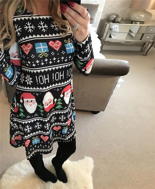 Christmas Long Sleeve Dress Holiday Xmas Sweater Dress Holiday Festive Santa Clause Reindeer