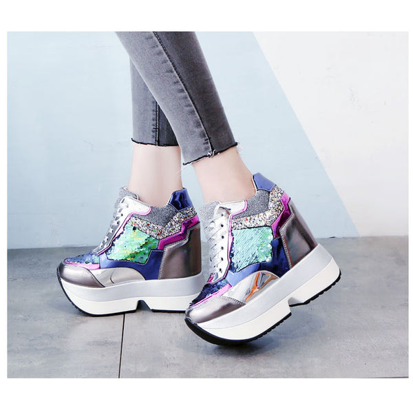 sequin platform sneakers shoes lace up sneaks athletic wedge harajuku japan fashion by kawaii babe 