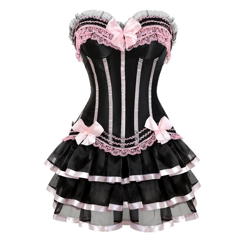 Boned Corset Tutu Dress with Layered Ruffles Bows and Lace Up Back Pink / XXXL