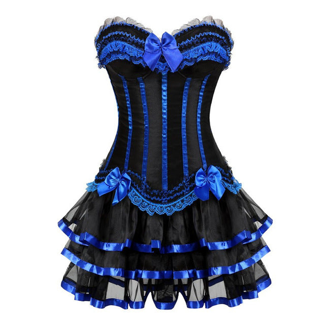Boned Corset Tutu Dress with Layered Ruffles Bows and Lace Up Back Blue / M