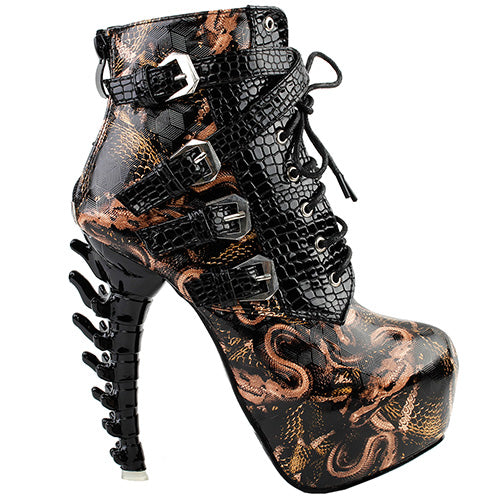 edgy punk rock snake skin ankle booties gothic fashion boots 3d spinal cord heels snakeskin vegan leather strappy lace up buckle shoes streetwear by kawaii babe