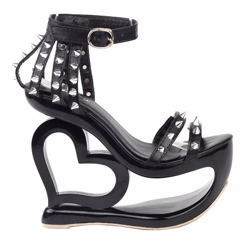 hollow heart cut out platform heel sandals high heels shoes punk rock edgy studded streetwear footwear fashion ankle strap rivets goth fashion by kawaii babe