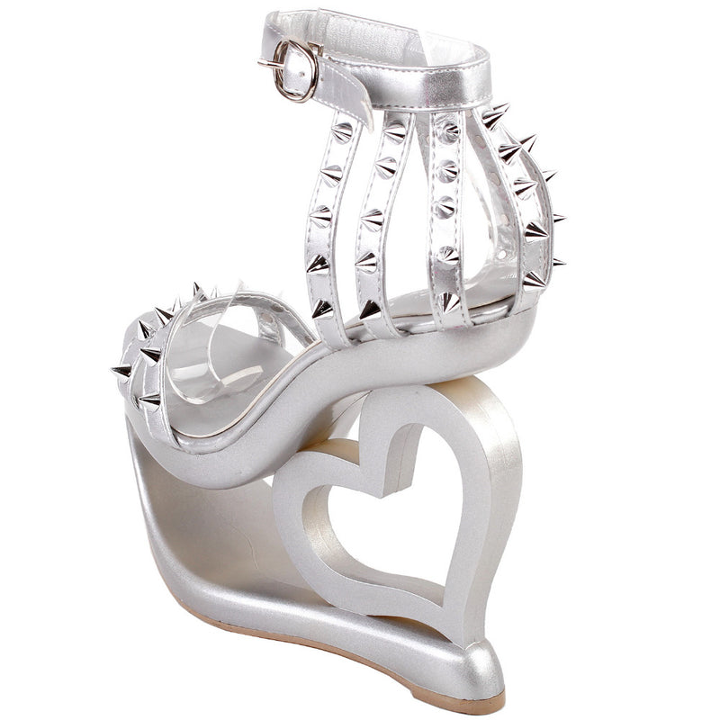 silver hollow heart cut out platform heel sandals high heels shoes punk rock edgy studded streetwear footwear fashion ankle strap rivets goth fashion by kawaii babe