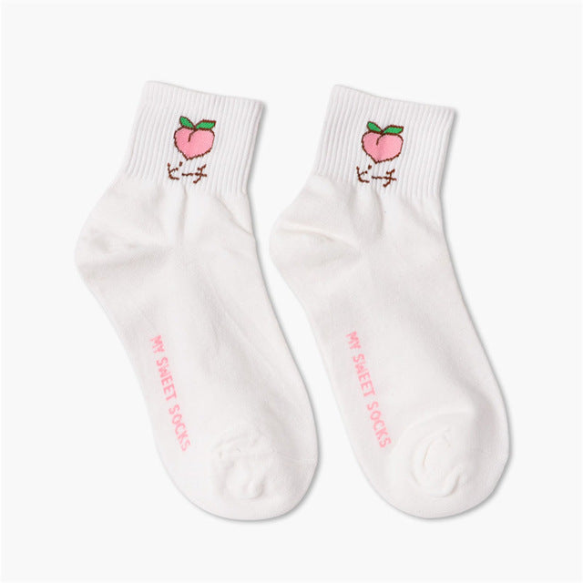 japan harajuku fashion white fruit ankle socks sweat socks strawberry banana peach apple watermelon  by kawaii babe