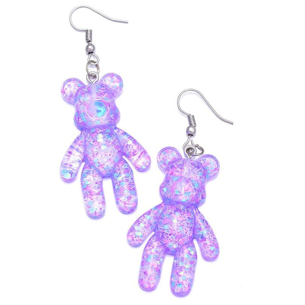 Purple Glitter Resin Bear Dangle Earrings Shimmer Fairy Kei Decora Japan Fashion Kawaii Jewelry
