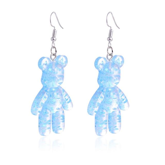 Sky Blue Glitter Resin Bear Dangle Earrings Shimmer Fairy Kei Decora Japan Fashion Kawaii Jewelry