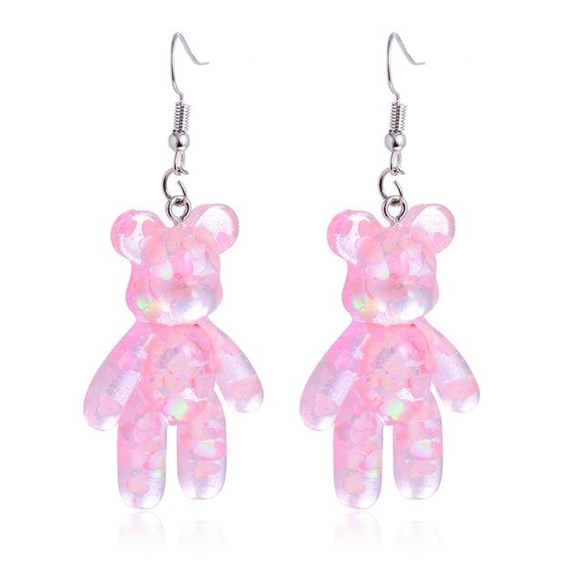 Pink Glitter Resin Bear Dangle Earrings Shimmer Fairy Kei Decora Japan Fashion Kawaii Jewelry