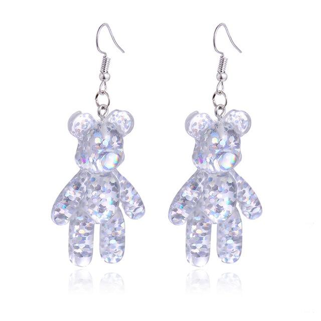 Silver Glitter Resin Bear Dangle Earrings Shimmer Fairy Kei Decora Japan Fashion Kawaii Jewelry