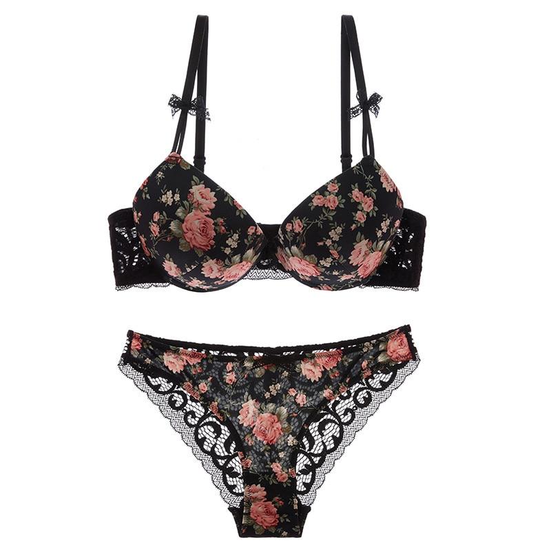 Spandex Floral Lace Push Up Bra and Underwear Set For Women