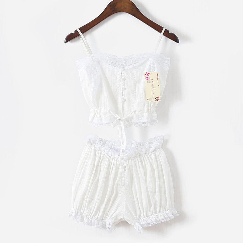 Sweet White Lolita Pajamas Pj's Nightwear Crop Top Shorts Cute Kawaii Summer Sleepwear