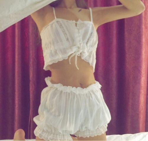 Sweet White Lolita Pajamas Pj's Nightwear Crop Top Shorts Cute Kawaii Summer Sleepwear